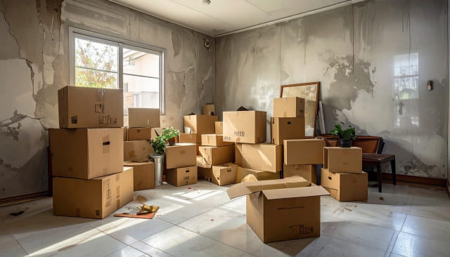 段ボールで散らかった部屋